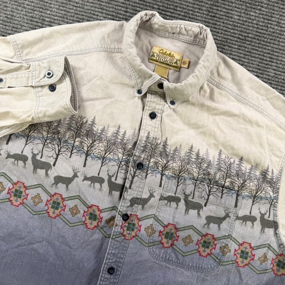 Cabelas Deerskin Soft Chamois Shirt Mens 2XL Deer Forest Southwestern Tan Blue
